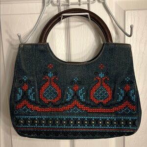 Relic Denim Tote with Red and Blue Embroidery
